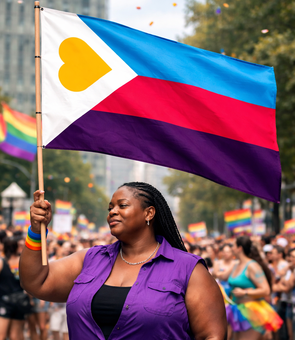 Black woman holding a polyamory flag in pride parade