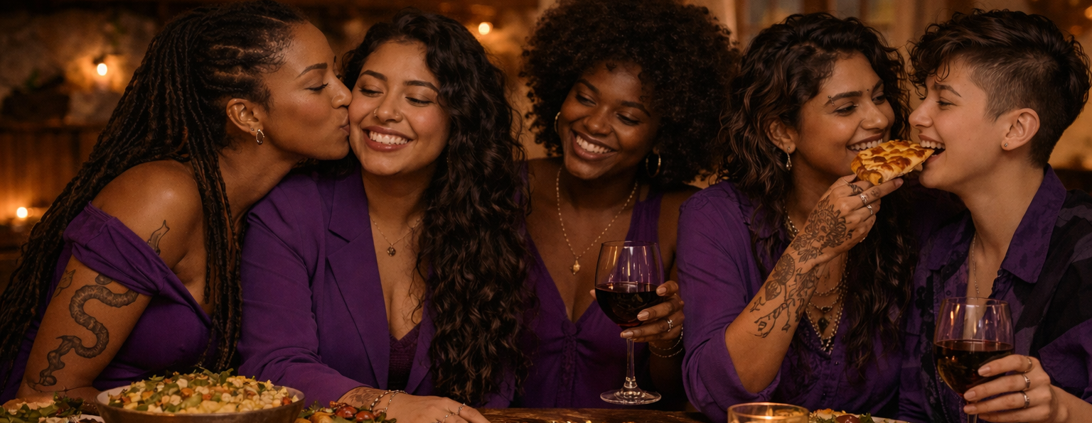 Group of polyamorous women sharing a meal together