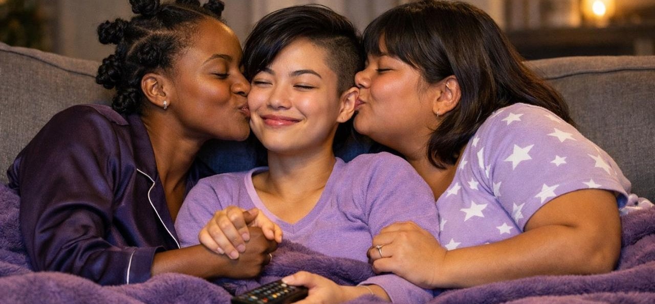 Polyamorous lesbian throuple in bed watching tv